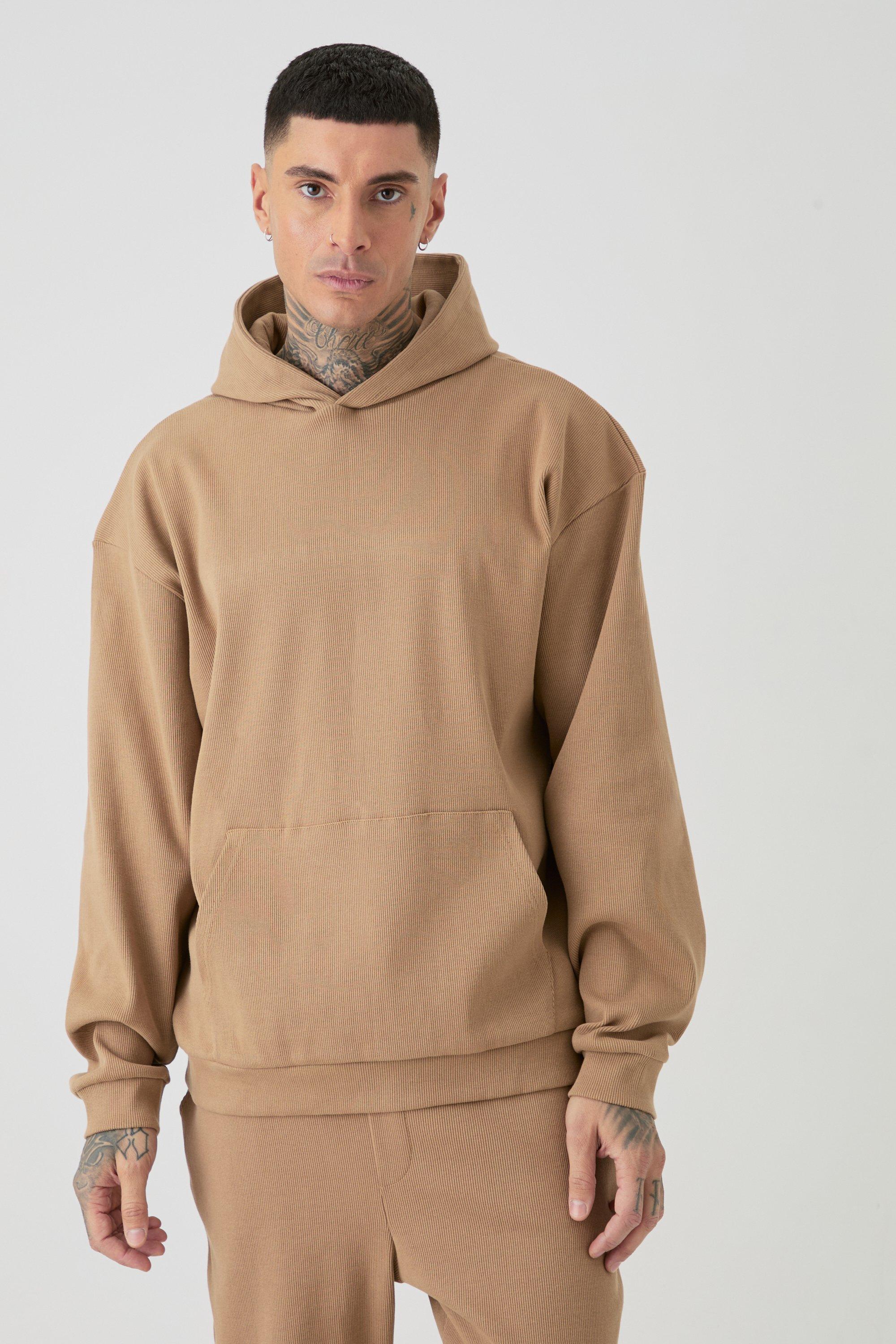 Mens Brown Tall Oversized Heavyweight Ribbed Hoodie, Brown